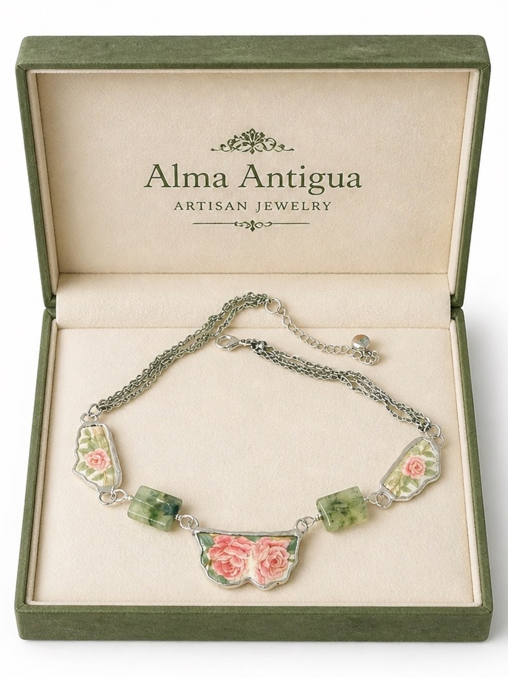 Antique Lynn’s Roses Broken China Necklace - Soft Soldered with Prehnite Stones